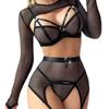 Black Mesh Halter Fishing Net Lingerie Set With Long Sleeves and Metal Ring Accents