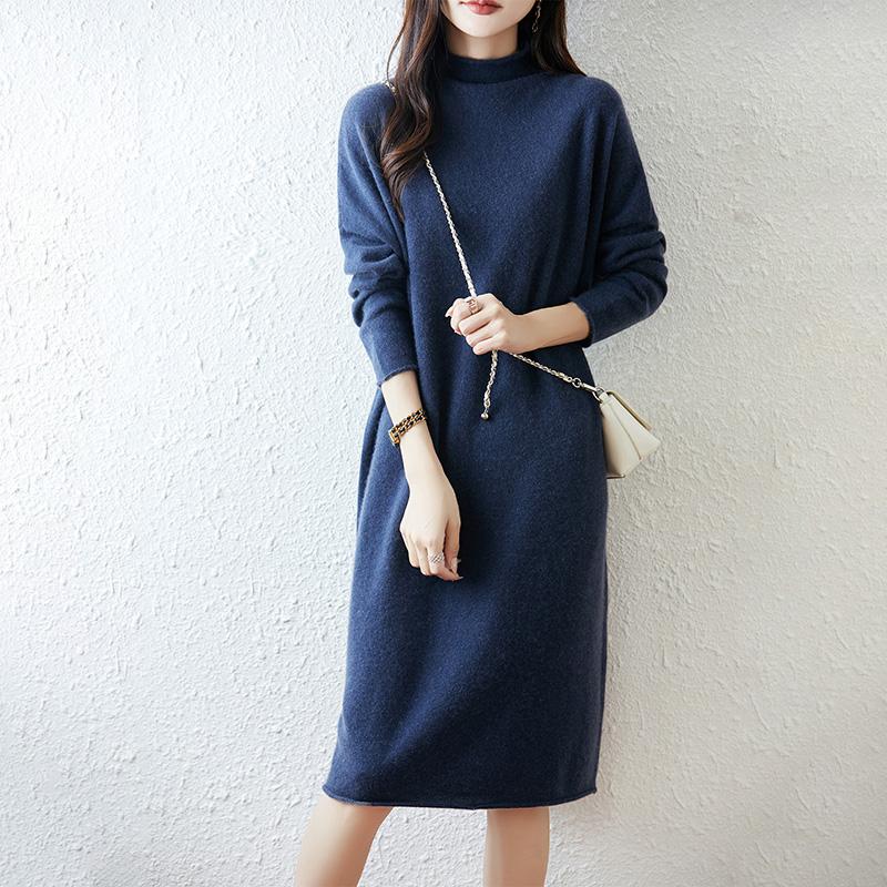 Women Sweater Dress 100% Wool MODERN NEW SAGA Turtleneck Knit Long Pullover Winter Jumpers Wool Long Dress Female