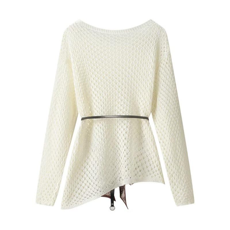 Spring Summer Women's Hollow-Out Knit Sweater Slim-Fit Long-Sleeve Knit Pullover Top with Belt