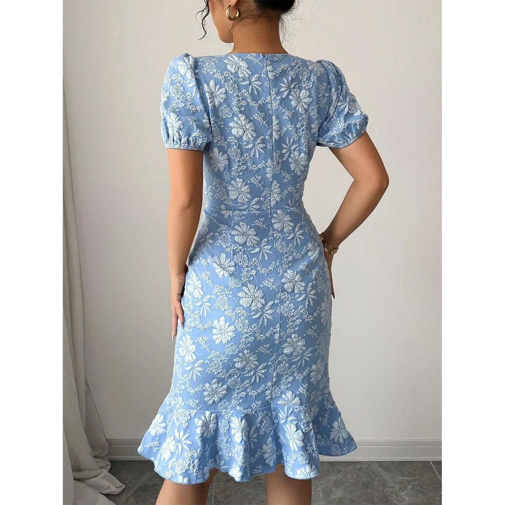 Women's Fashionable Printed Short Sleeved Round Neck Slim Fit Hip Hugging Dress