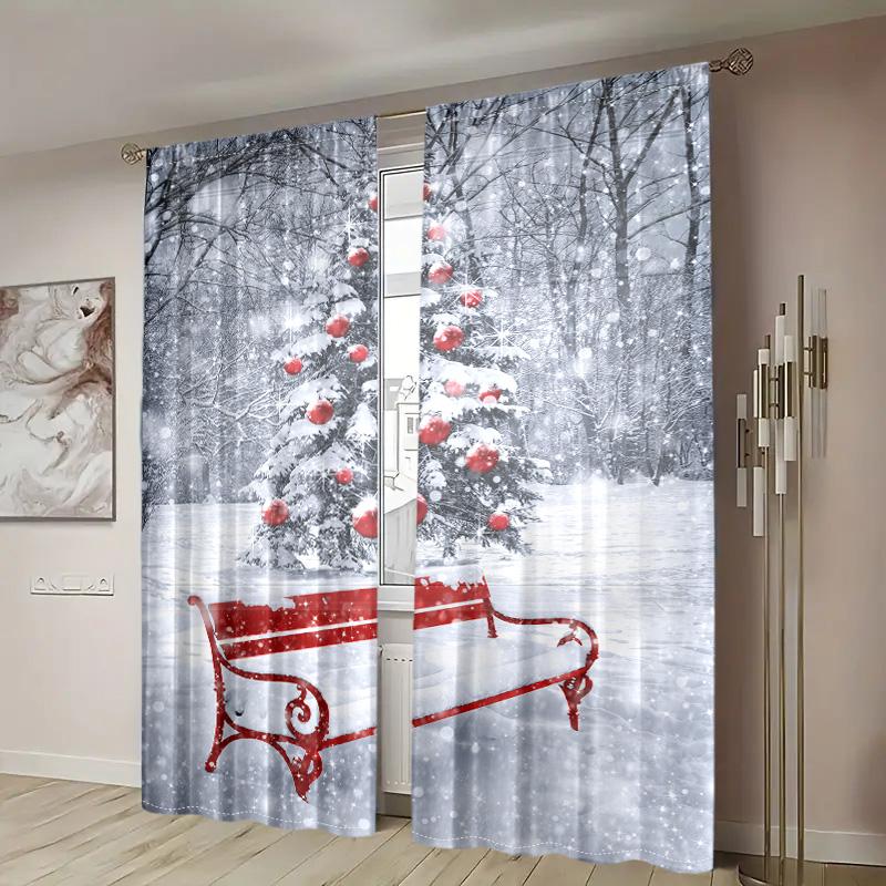 2 stycken, julgran vintersnölandskap röd pall gardiner -30% mörkläggning - lämpliga för vardagsrum, sovrum, heminredning