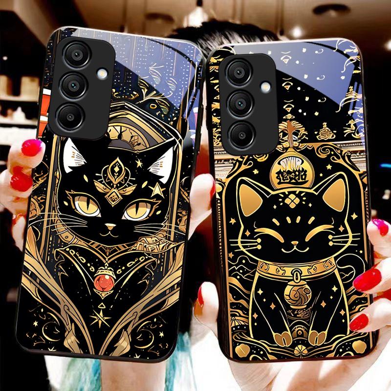 Black Gold Cat For Samsung Galaxy A15 5G 54 4G 51 50 24 35 90 71 12 51 53 52S 80 22 34 Black Tempered Glass Phone Case