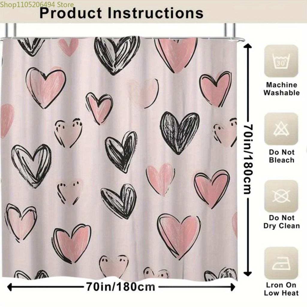 1Pc Pink And Black Heart Pattern Polyester Shower Curtain, Fashion Theme, Washable, All-Season, With Hooks, For Home Bathroom