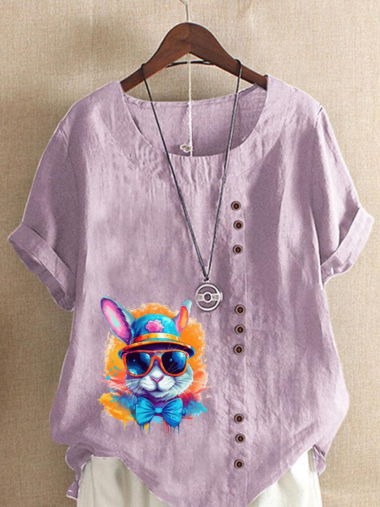 Women's Fashion Colorful Rabbit Print Shot Sleeve T-shirt Loose Cotton Shirt Casual Loose Summer Blouse Tops Plus Size