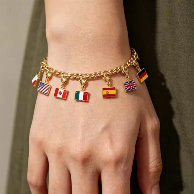 Braccialetto con Charm Bandiera in Acciaio Inossidabile con Moschettone, Gioiello Ciondolo Paese per Regalo di Viaggio Accessorio Stile