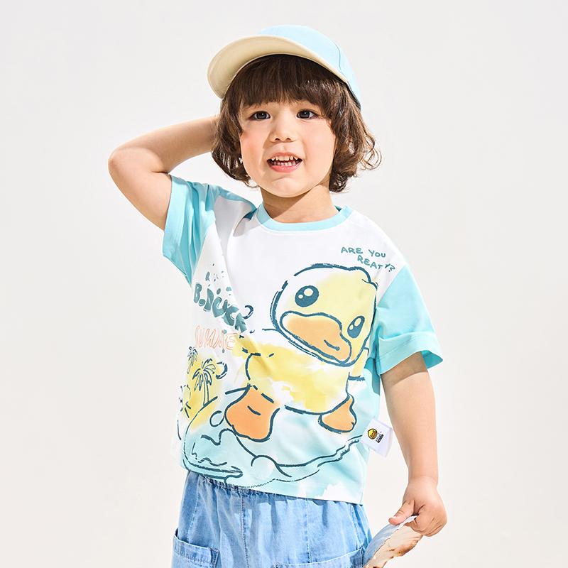 B. Duck Yellow Duck Children's Clothing Printed Cute Color Blocked Summer New Men's Breathable Short Sleeved Top