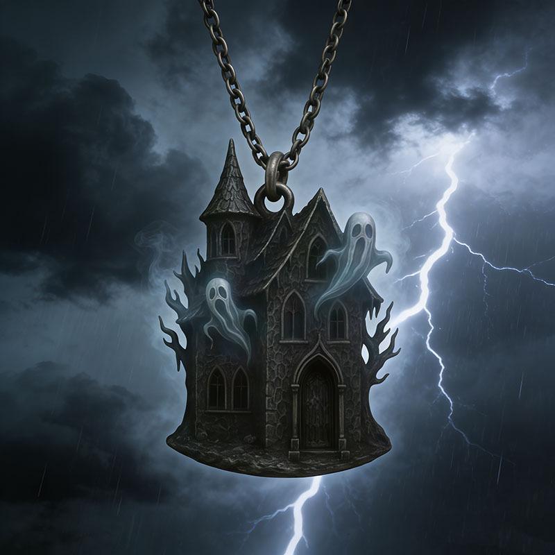 Retro Gothic Ghost Castle Pendant Necklace Style Halloween Accessories Necklace