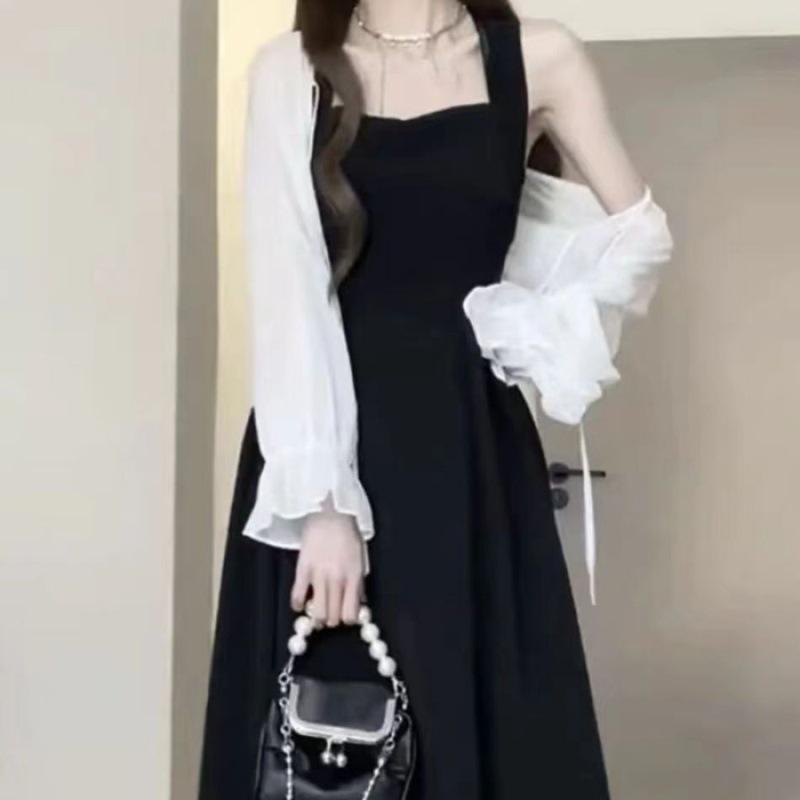 

2024 Французское Ретро Платье на Бретелях Синее Без Рукавов – Приталенное, Длинное Женское Летнее Дизайн 2XL чёрный