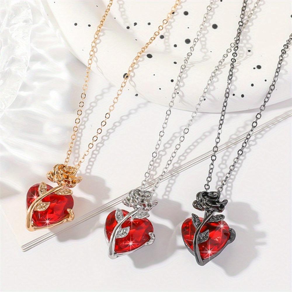 Elegant Copper Red Heart Pendant Necklace with Rose Detail for Men, Versatile Simple Chain for Daily and Wedding Occasions