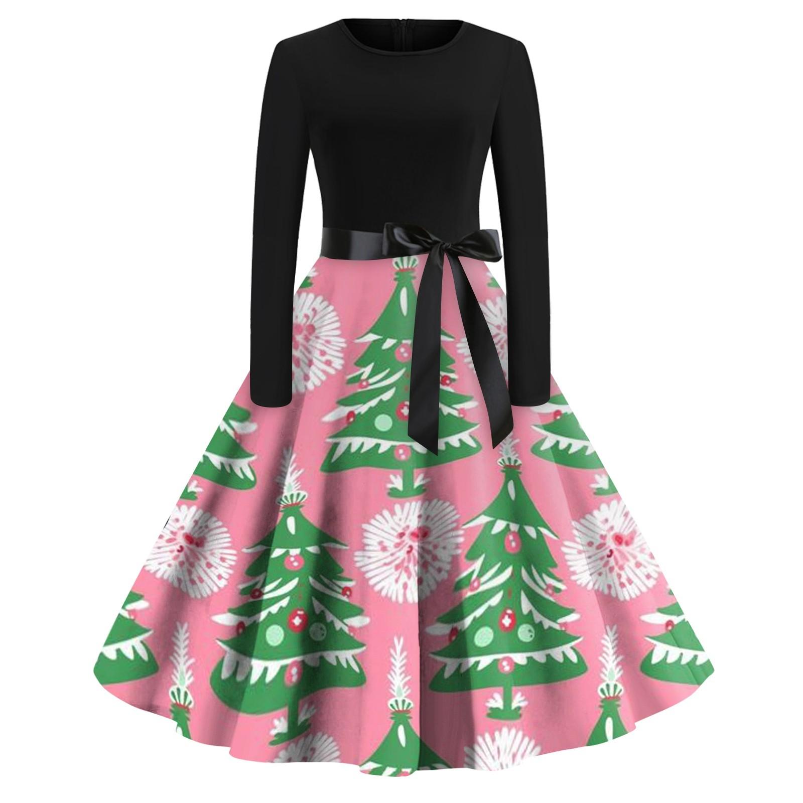 

Женская мода с круглым вырезом, повседневные тонкие рождественские платья с длинным рукавом и принтом XXL