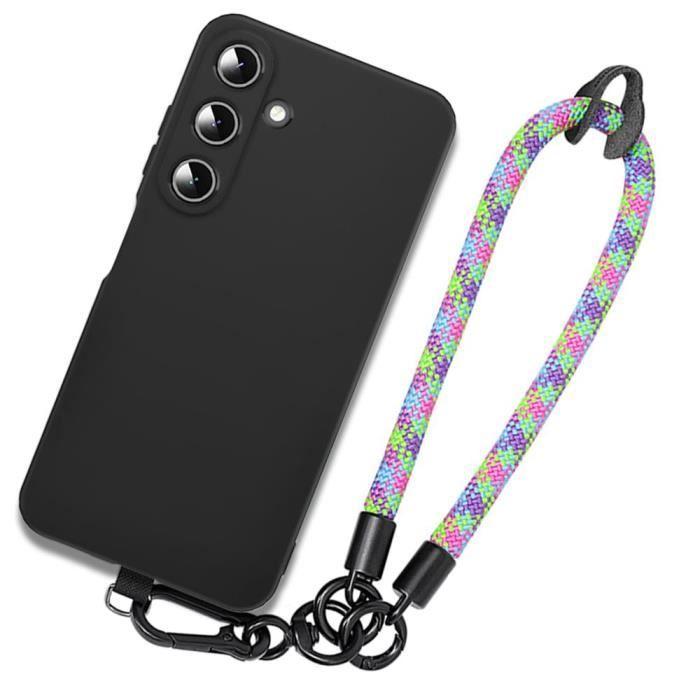 Coque bracelet pour samsung galaxy a55 5g, coque antichoc en silicone noir avec bracelet tressé multicolore détachable
