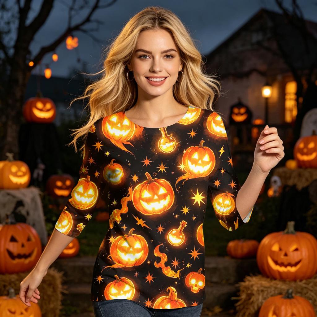 Women Casual 3/4 Sleeve Halloween Print Round Neck Top Lightweight Comfortable Fit Stretchy Fabric Stylish Design