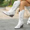2025 Spring Retro Cowboy Boots Women Mid Calf Western Boots Woman Pu Leather Knight Booties Big Size Point Toe Waterproof Boots