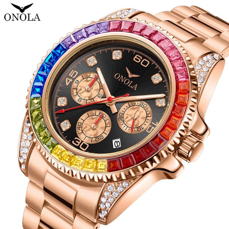 Fashion New Top Brand Business Gold Watch Waterproof Solid Core Fine Steel Band Rainbow Drill Men's Watch