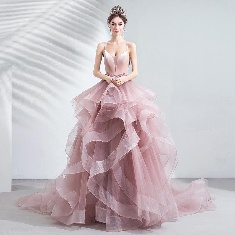 Rosa Abendkleid 1011 Neu Braut Hochzeit Toast Hosenträger Jahrestreffen Kunstprüfung Schleppenkleid Sommer