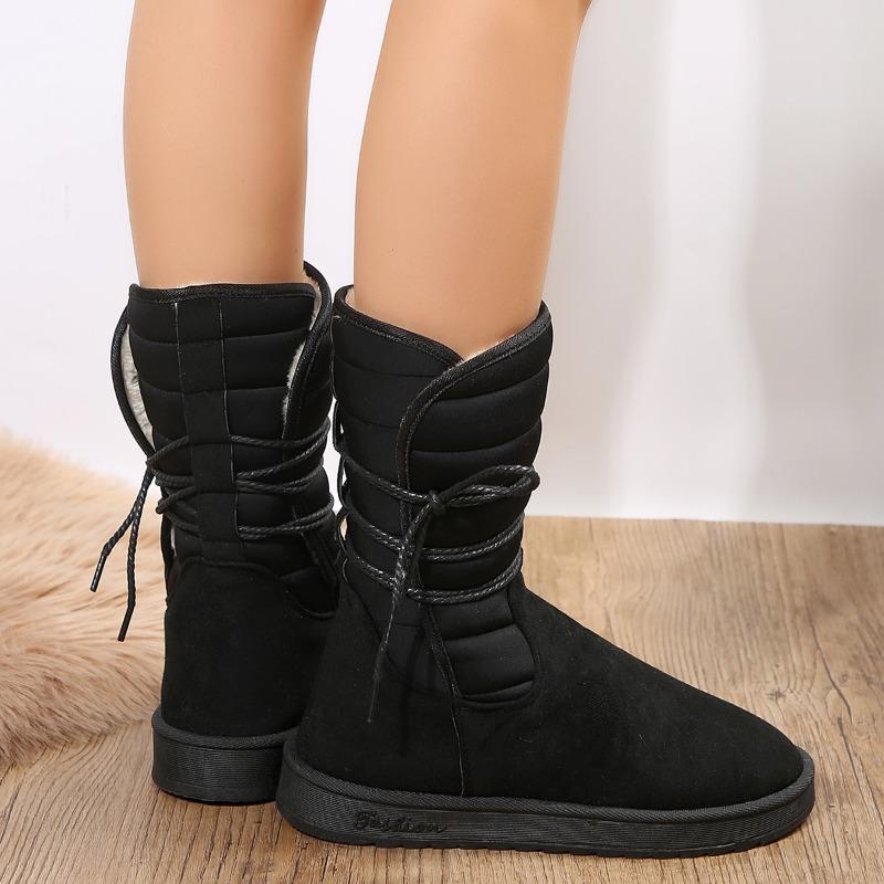 2024 Platform Mid Calf Boots Women's Winter Warm Shaggy Suede Snow Boots Flat Lace Up Women's Cotton Shoes Boots