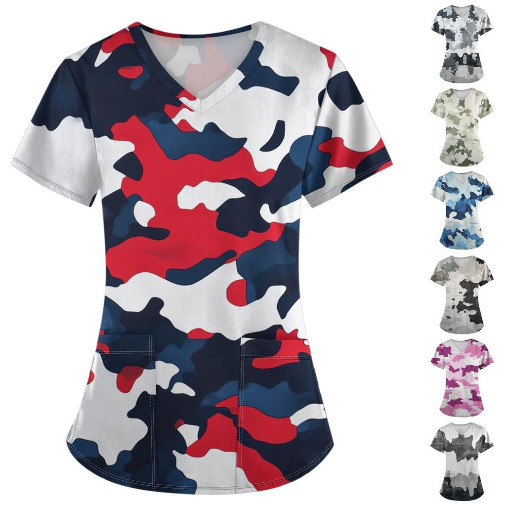 Women's Fashion Printed Short Sleeve Overalls With Pocket Tops Clothes