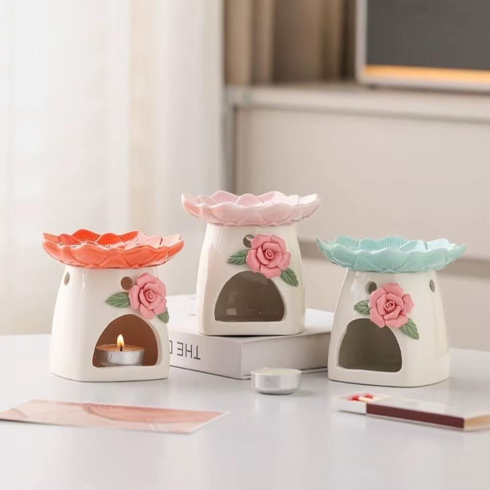 3D Rose Lotus Ceramic Oil Burner, Tealight Essential Oil Warmer. Elegant Home Decor for Bedroom, Yoga, Spa & a Unique Gift