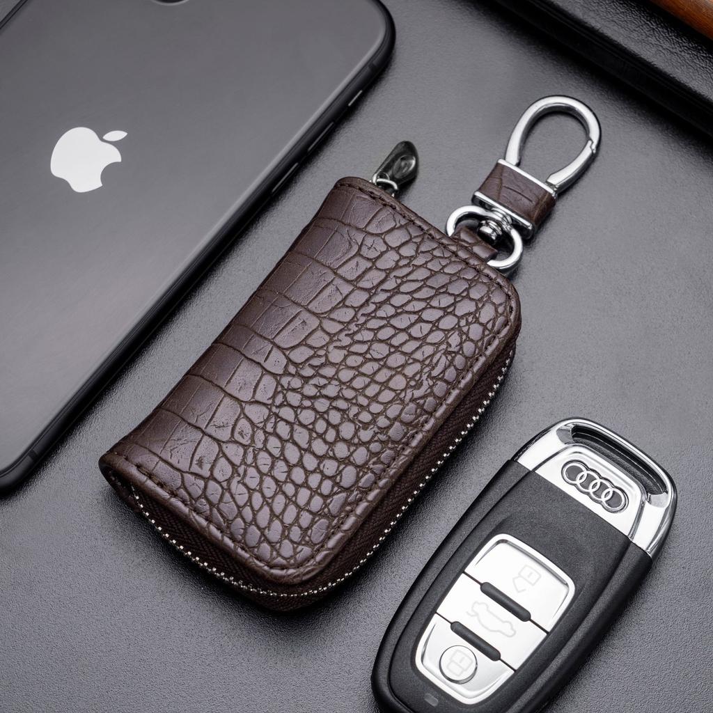 Genuine Leather Double Layer Car Key Case Crocodile Print Zipper Holder Keychain Organizer For Men Women Key Wallet Accessories