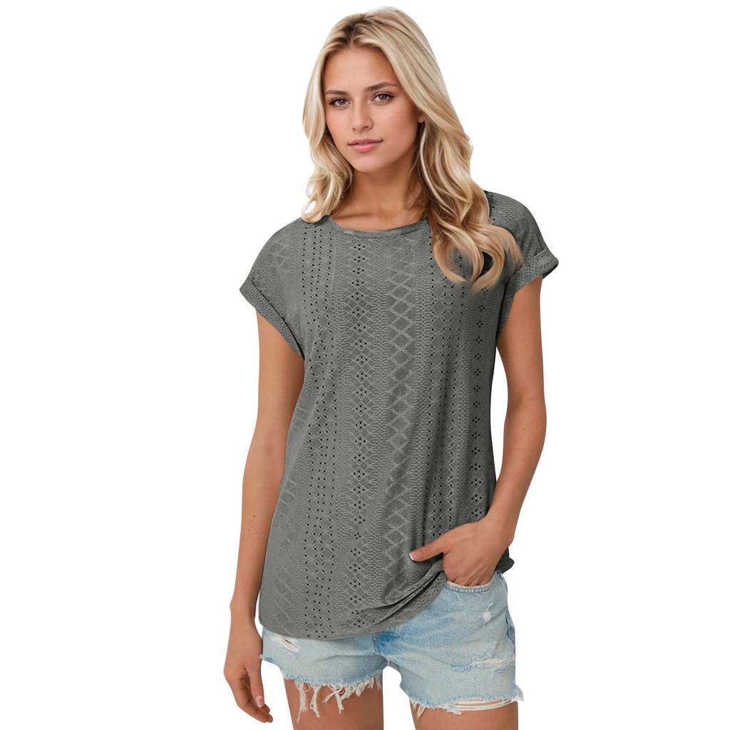Womens Tops Short Sleeve T-Shirts Printing Blouse Dressy Causal Eyelet Embroidery Summer Fashion Clothes