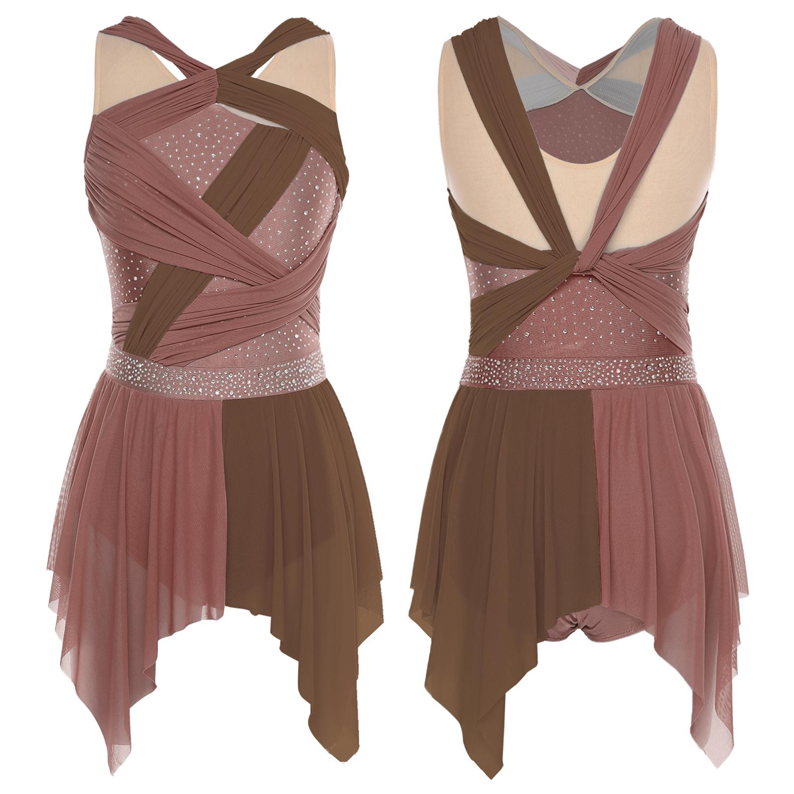 Damen-Strass-Performance-Kleid S-XXL: Farbblock-Netz-Rüschen-Knoten-Design mit unregelmäßigem Saum Ärmelloser Body für lyrischen Tanz M braun