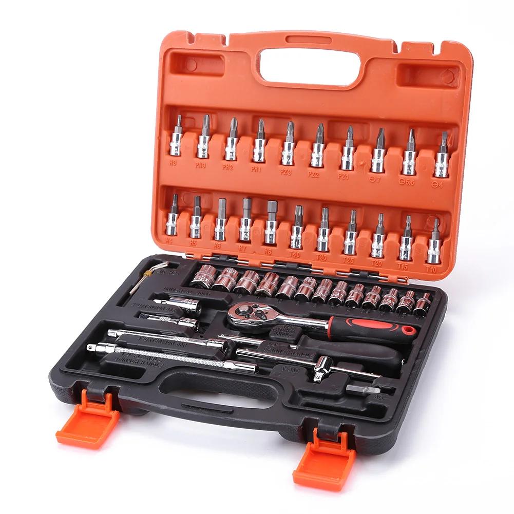 46pcs Hand Tool Set Car Repair Tool Kit 1/4-inch Socket Spanner Screwdriver Set Ratchet Torque Wrench Combo Mechanical Tools Box
