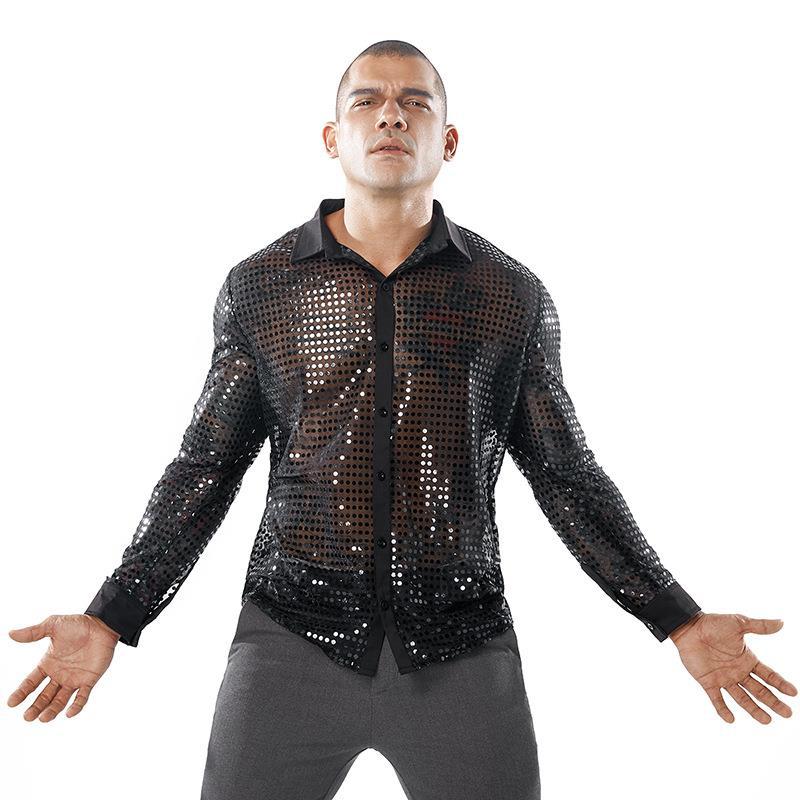 Summer Men's Long-sleeved Performance Clothes Striped Shirts Buttons And Sequins Shiny Shirts For Disco Parties Nightclubs