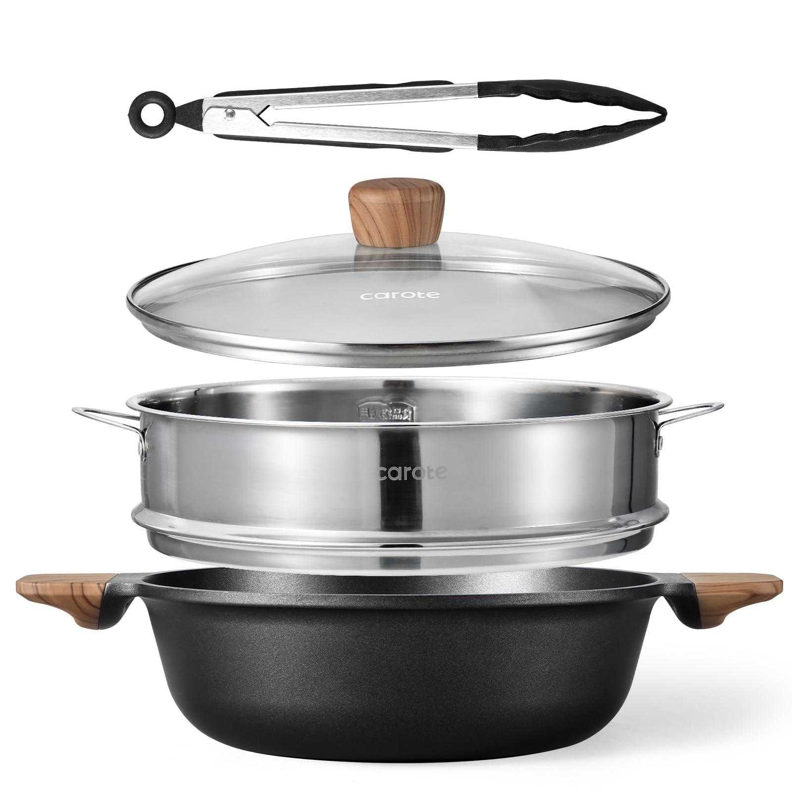 

CAROTE 26cm Double-Handled Pot 4-Piece Set with Steamer and Tongs - Tabletop Pot, Steamer, Sukiyaki Pot, Lid Included, IH and Gas Stove Compatible, Fr