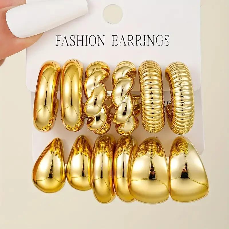 Fashion Classic Twist C Shape Earring Set For Women Tear Drop Design Gold Color Earrings Daily Workplace And Party Outfits Gifts