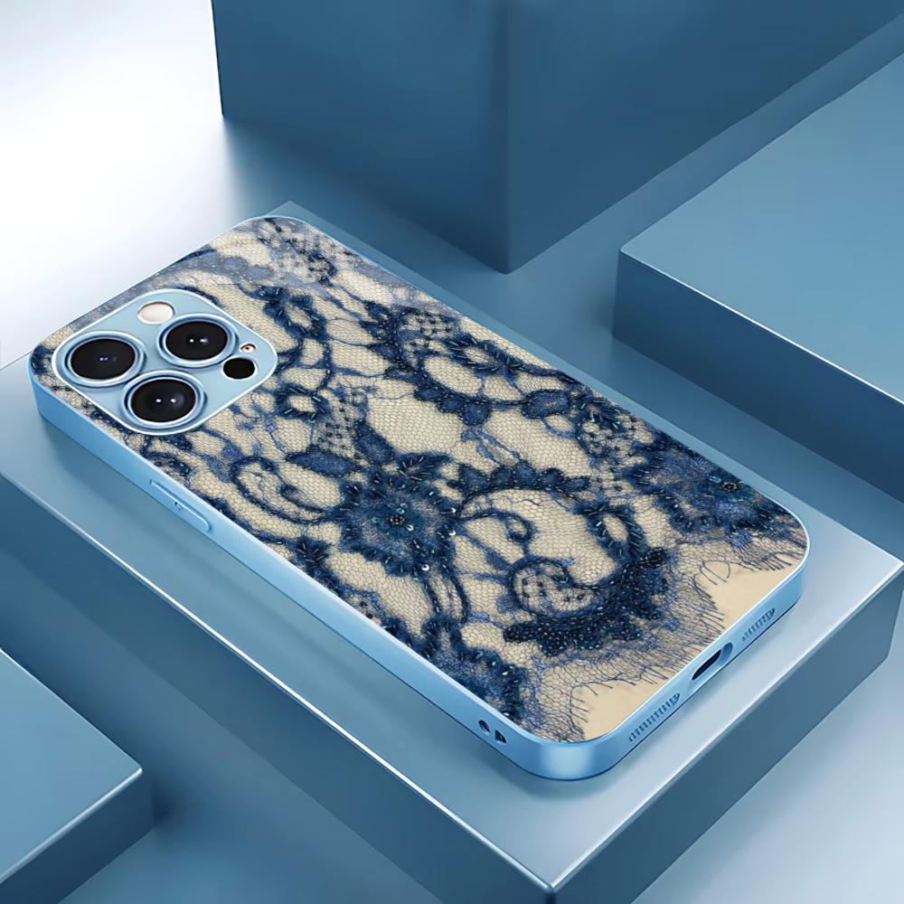Elegant Blue Lace Print phone case for iphone 17 case for iphone 17 pro max cover Glass for iPhone 17 16 15 14 13 12pm Pro Plus