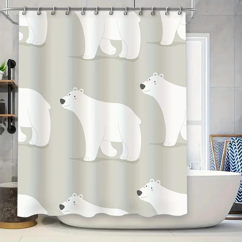 

White Polar Bear Print Shower Curtain Waterproof Bath Mat Rug Decoration Home Decor Bathroom Accessories Set Multicolor 180X240C W60H190(CM)-1 Pcs