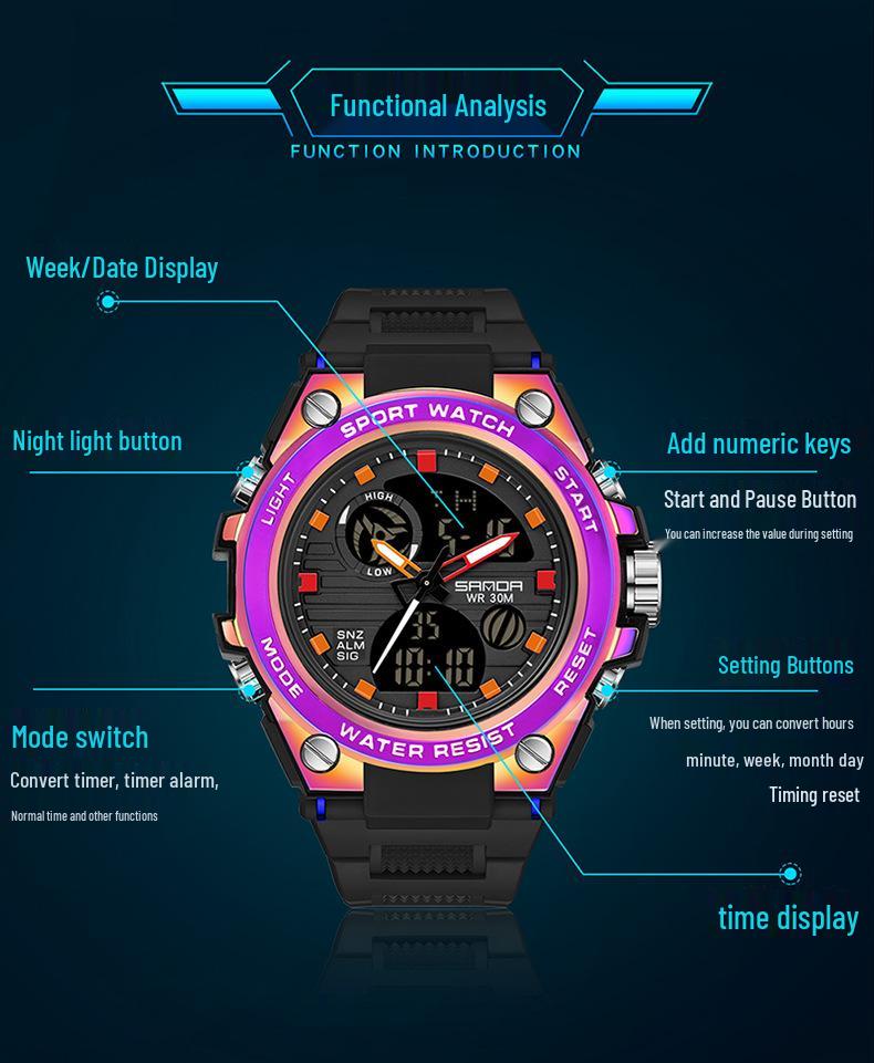 Sanda Multifunctional Sports Watch for Teen Boys: Dual Display, Luminous, Waterproof, with Alarm