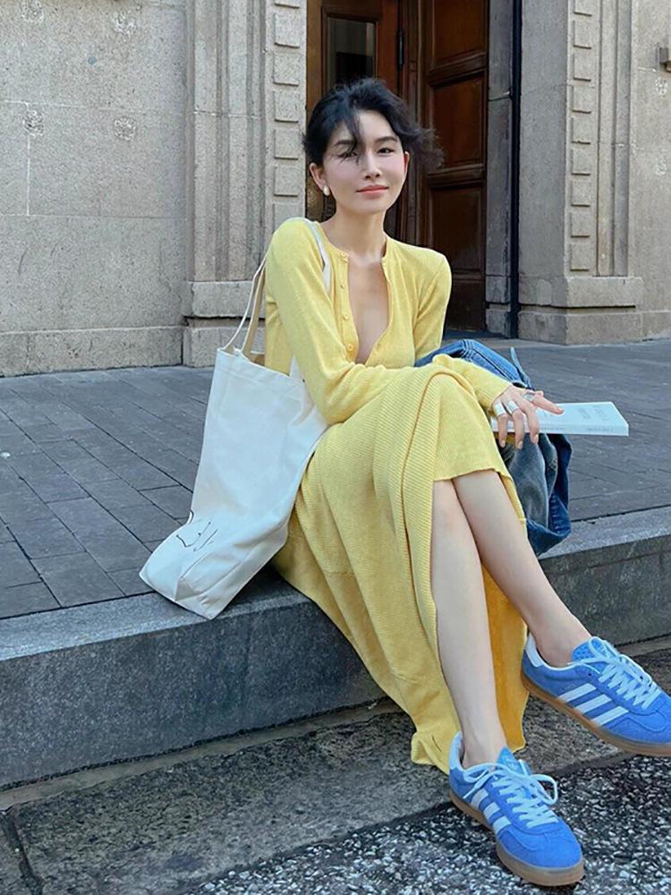 2025 Trendy Yellow and White Long-Sleeve Slim-Fit Dress for Spring and Autumn