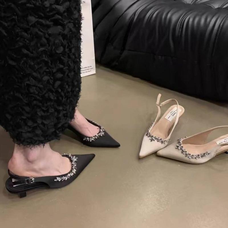New Women's Summer Classic Champagne Black Banquet Wedding Shoes Sexy Rhinestone Satin Pointed Toe High Heel Sandals for Women
