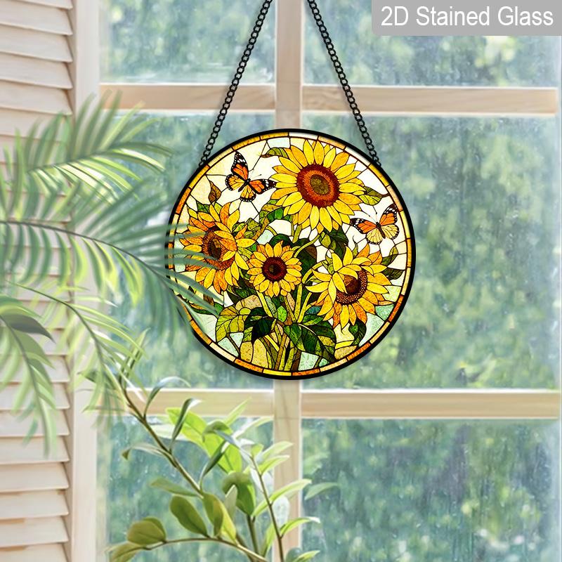 2D Flat Stained Glass Sunflower Window Decoration, 7.87inches Yellow Colored Glass Plate with Chain, Charming Spring Summer Home Decor, Unique