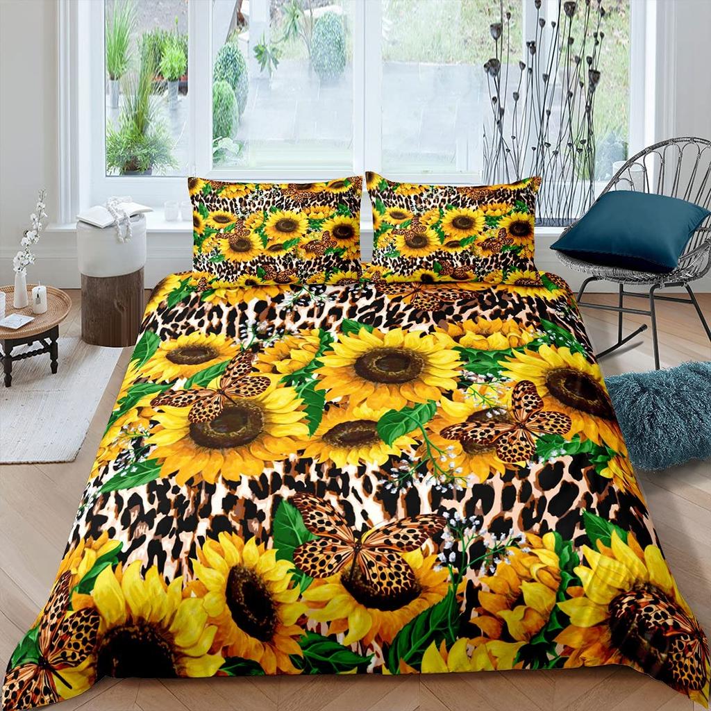 Yelow Flower Soft with Soft Fabric Duvet Cover Set Sunflower Bedclothes Sunflower Fields With Sunset Printed Botanical Flowers Beding Set
