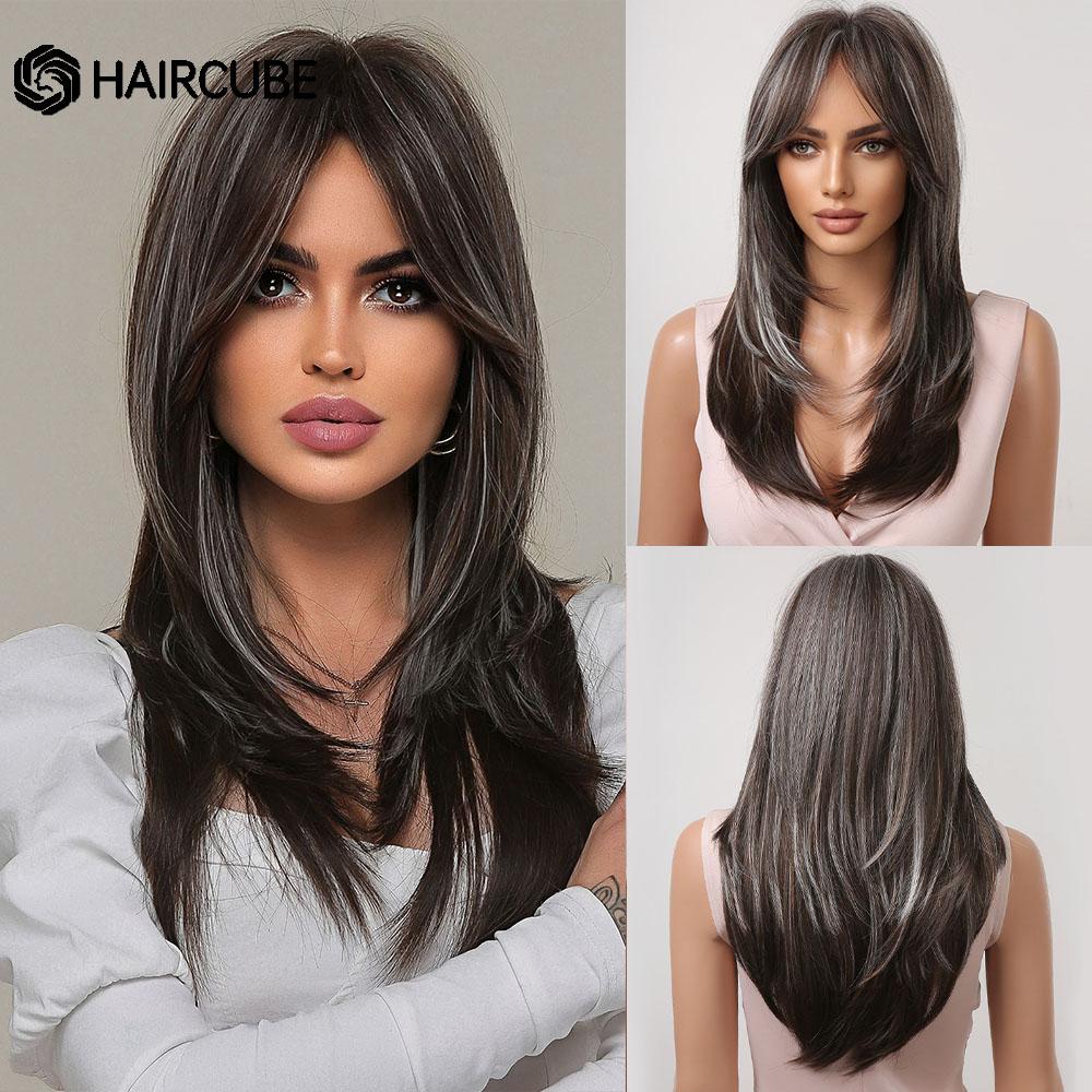 Long Wavy Layered Black-Brown Shoulder-Length Wigs With Bangs Heat Resistant Synthetic Wigs for Women Cosplay Daily Natural Wigs