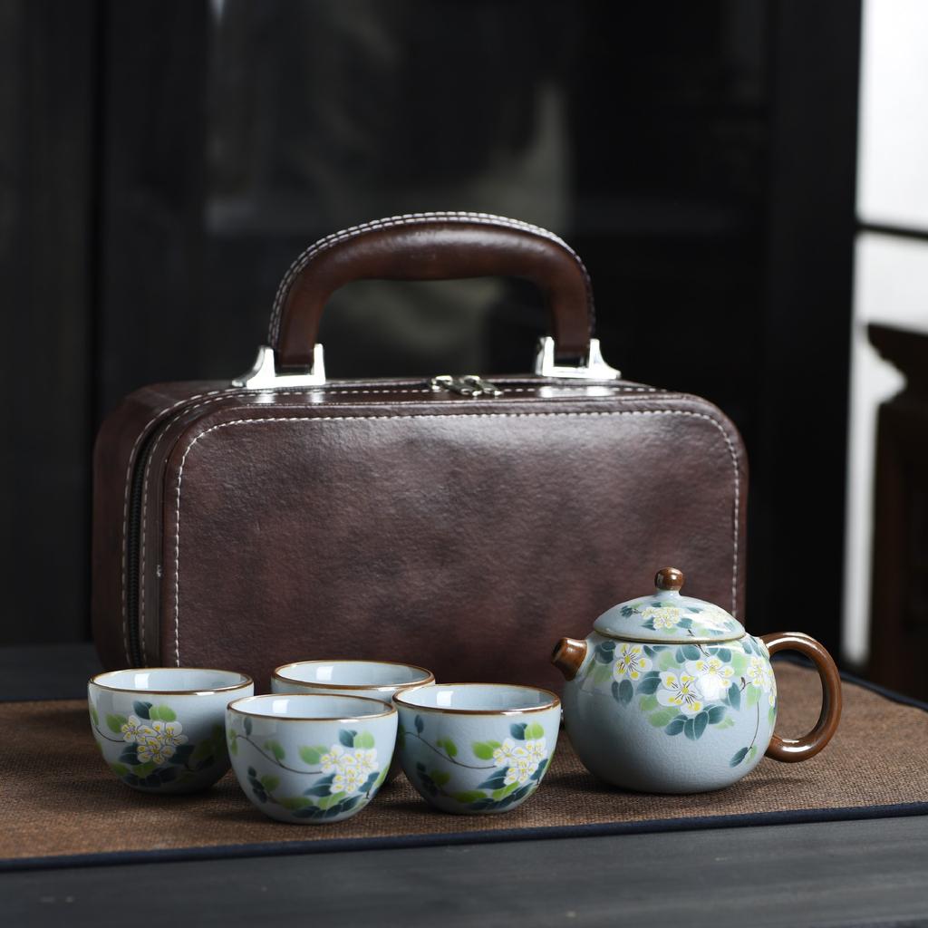Ru Kiln Travel Tea Set One Pot Four Cups With Gift Box Outdoor Portable Tea Pot Ceramic Business Gifts