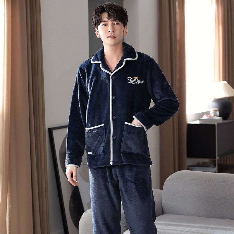 Pyjama Herren Herbst und Winter Korallenfleece Verdickt Fleece Warm Flanell Hausanzug Herren Winter und Winter Anzug
