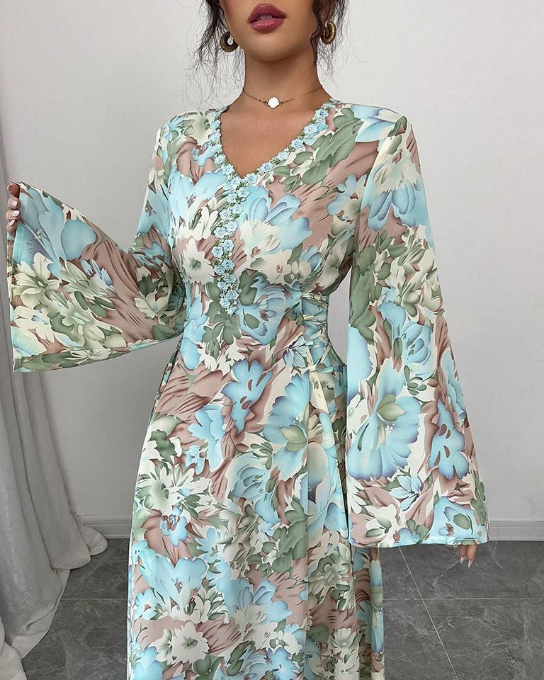 Middle East, Dubai Evening Dress New Fashion Temperament Slim Flared Sleeve V-Neck A-Dress Robe