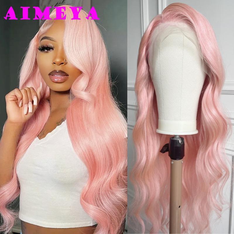 

AIMEYA Light Pink Lace Front Wig Long Body Wave Synthetic Lace Hair Natural Hairline Heat Resistant Fiber Daily Use Cosplay Wigs (Pink,18inches&Lace Front)