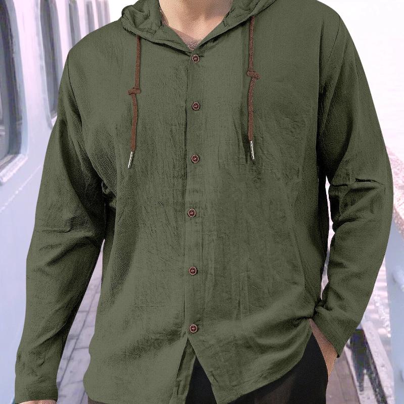 Spring and Summer Long Sleeve Men's Casual Shirt European Style Hooded Top Button Loose Shirt