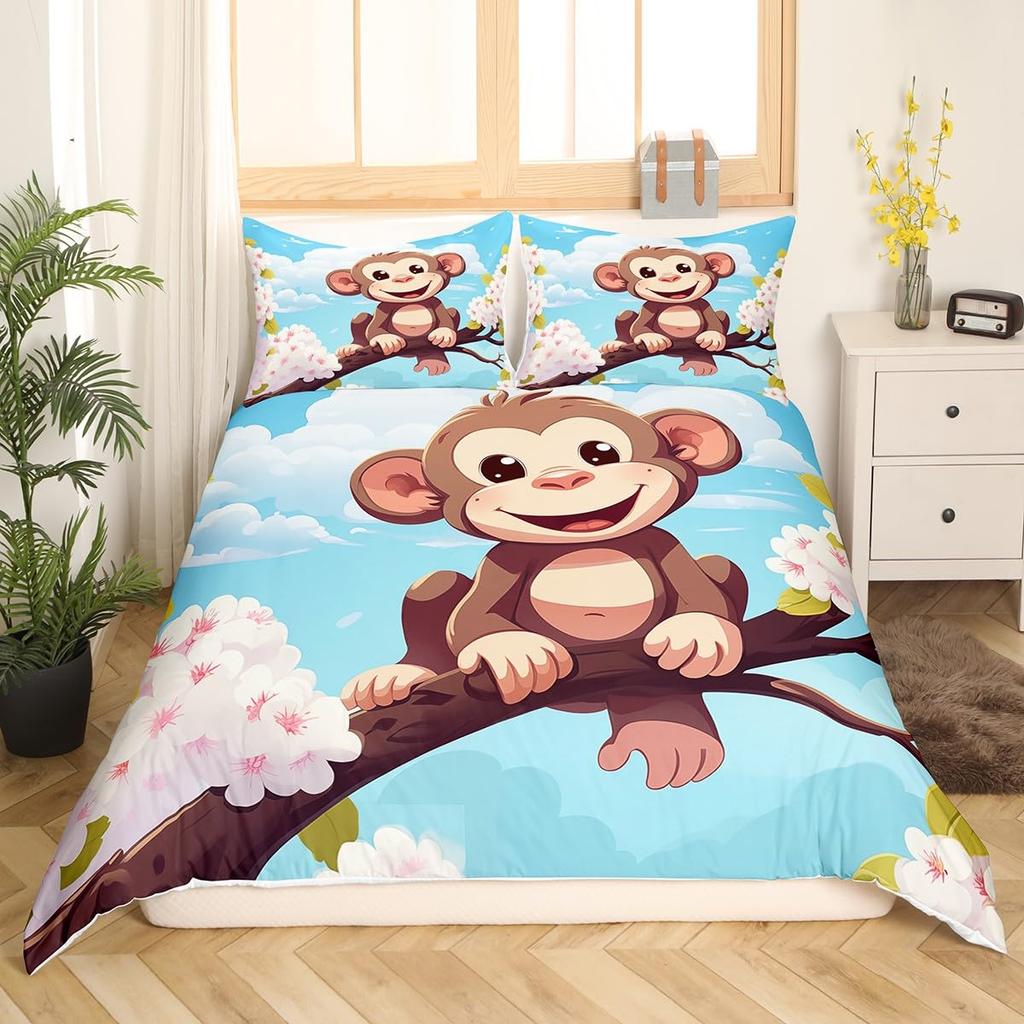 Cute Monkey Bedding Set Full Twin Cartoon Banana Stars Duvet Cover Tropical Wild Animal Fruit Comforter Cover Yellow Quilt Cover