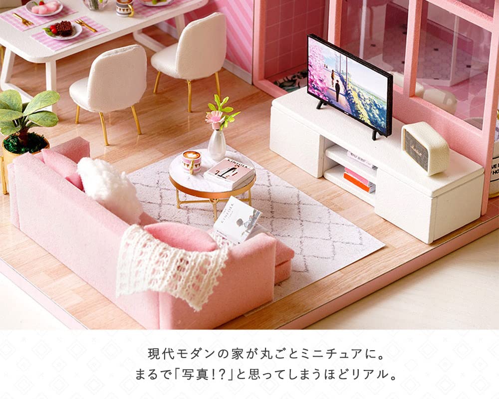 moin moin Scale Dollhouse Miniature DIY Kit Set DIY Model Room Style Modern Pink Floral Design Room Wedding Gift LED Light Acrylic Case 2305dh388 1/24