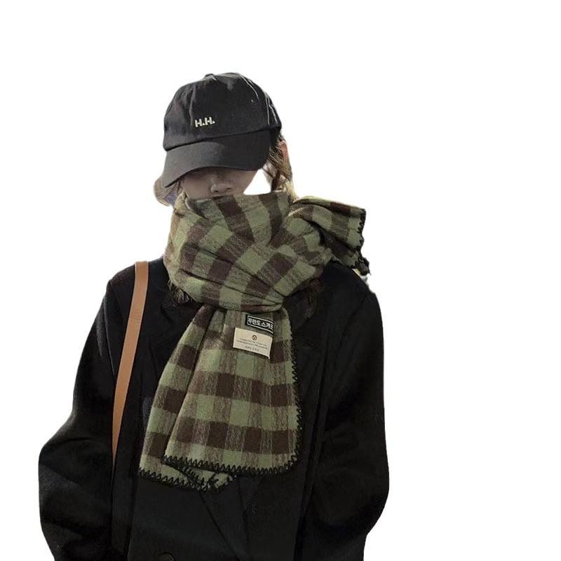 Couple Neck Warmer Korean-Style Double-Sided Large & Small Plaid Scarf Student Versatile Fleece-Like Cashmere Warm Shawl