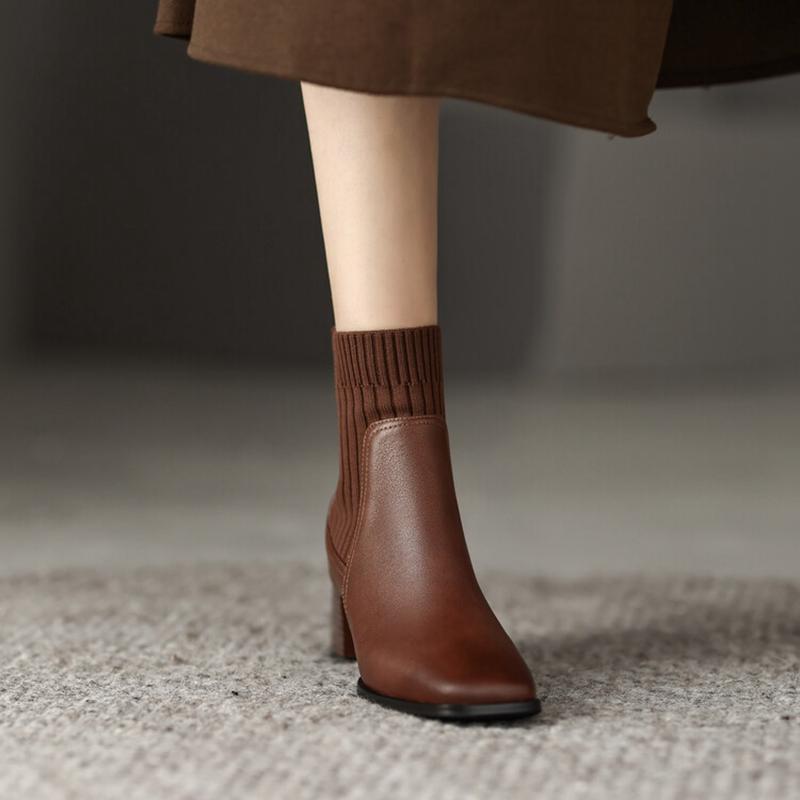 Fashion NEW Ankle Boots for Women Genuine Leather Square Toe Chunky Heel Shoes Winter Modern Boots Concise Vintage Knitting Short Boots