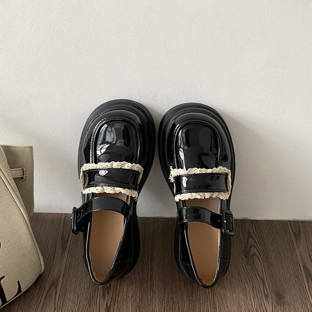 Spring Round-headed, White, College-style, Versatile, Thick-soled Small Leather Shoes, Women's Summer Retro French Mary Jane Shoes