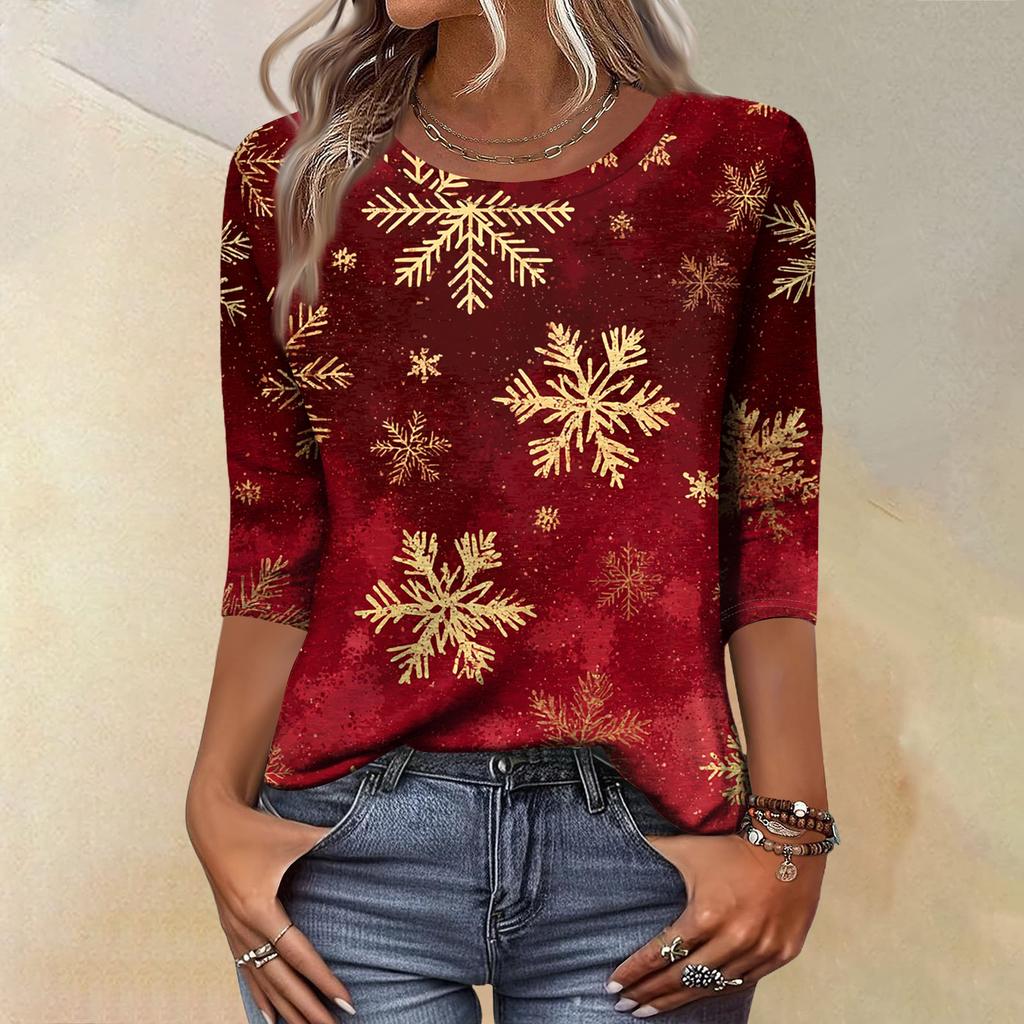 Women's Fashion Casual Christmas Tree Printed Round Neck Three-Quarter Sleeve T-Shirt Top