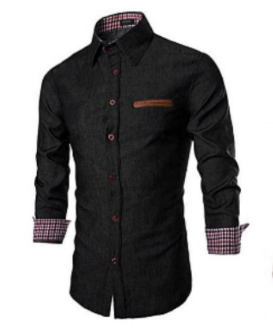 

Men s Casual Long Sleeve Denim Shirt with Pocket and Leather Accents 3XL