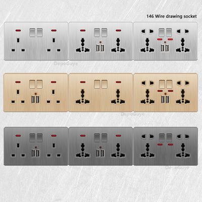 שקע חשמל אוניברסלי 5 פינים, שקע קיר USB כפול 13A סטנדרט בריטי, שקע חשמלי 3 פינים 220V עם נורית חיווי LED
